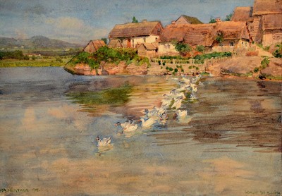 Karl Schicktanz, 1858-letzte Erwähnung 1938 Dresden, deutscher Maler, Grafiker und Illustrator, hier: Hohlen bei Leipa, Gänse auf dem Wasser, im ...
