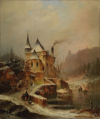 Unbekannter Maler des 19. Jh., Winterlandschaft mit Burg, Fluss und Personen, Öl/Lwd, unsigniert, ca. 88x73cm