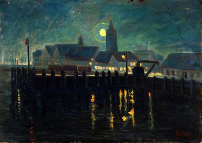 Eugen Faber, 1884-1952 Kirchheim/Teck, Vollmond über Friedrichshafen, Öl/Lwd, rechts unten signiert, rückseitig bezeichnet Friedrichshafen, ...
