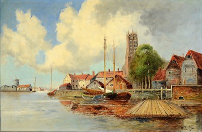 A. Koning, Niederlande, um 1950, Niederländische Hafenansicht, Öl/Lwd, rechts unten signiert, ca. 57x82cm