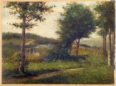 Unbekannter Künstler, wohl Frankreich, um 1900, Weite Landschaft mit Bäumen und einer Fabrik im Tal, Öl/Lwd, rest., doubl., altersbedingte ...