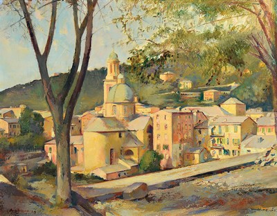 Unbekannter Künstler, Mitte 20. Jh., Blick auf eine südliche Stadt, Öl/Lwd, links unten signiert, ca. 49x64cm, R. ca. 64x77.5cm
