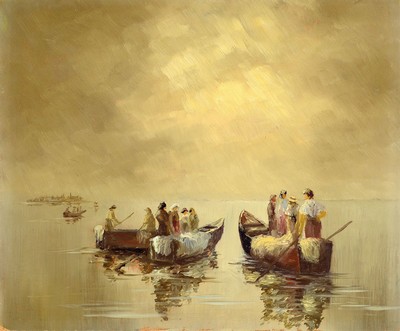 Albert Wenz, Münchener Maler, wohl Schüler von Wenglein, hier: Fischerboote auf dem Chiemsee im Morgengrauen, Öl/Hartfaser, links unten signiert, ...