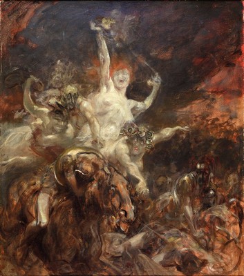 Hanns Fay, 1888 Frankenthal-1957 Neustadt a.d. Weinstr., mythologische Szene, vielfigurige Darstellung einer Kriegerin zu Pferd, begleitet von einer ...