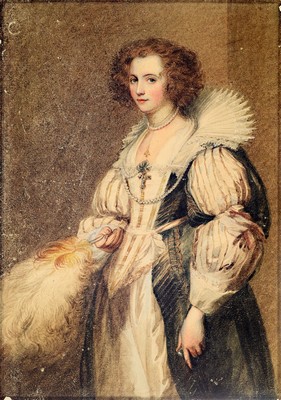 George Lethbridge Sanders, 1774-1846, Porträt einer Edeldame mit Spitzenkragen, Federfächer und opulentem Kleid, feine Gouachemalerei auf Papier, ...