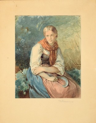 Zuschreibung: Jakob Fürchtegott Dielmann, 1809-1885, Sitzende junge Bäuerin mit Sichel, feine differenzierte Aquarellmalerei auf Papier, ...
