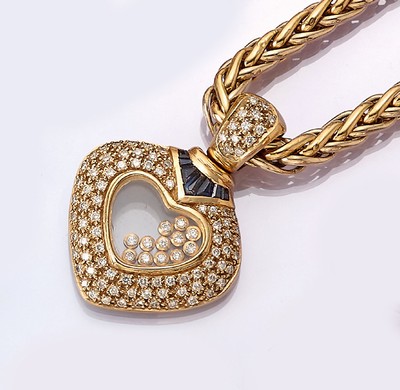 18 kt Gold Brillant-Saphir-Anhänger "Herz", GG 750/000, 7 facett. Saphire zus. ca. 0.34 ct, 104 Brillanten zus. ca. 2.0 ct Weiß/si-p, ca. ...