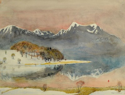 Eugen Croissant, 1868 Landau - 1976 Breitbrunn, Aquarell, Chiemseelandschaft im Zwielicht, sich spiegelndes Alpenpanorama, rechts unten signiert, ...