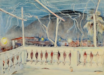Eugen Croissant, 1868 Landau - 1976 Breitbrunn, Aquarell, nächtliche Ansicht einer südlichen Stadt, Blick über eine Terrasse auf die Kulisse der ...