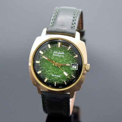 GLASHÜTTE Spezimatic Herrenarmbanduhr mit seltenem Zifferblatt, DDR um 1975, Automatik, verg. Gehäuse, Stahlboden aufgedr., seltenes grünes, ...