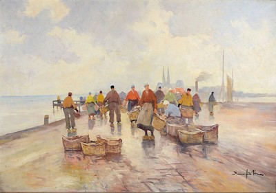 Bruno Jüttner, 1880-1965 Wernigerode, Heimgekehrte Fischer am Kai, Öl/Lwd, rechts unten signiert, ca. 80x100cm, R. ca. 98x118cm