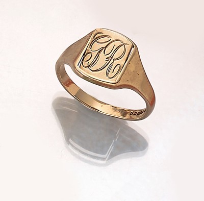 9 kt Gold Freimaurer-Ring, GG 375/000, England Birmingham 1980, sogn. Wendering, Ringkopf drehbar, 1 Seite mit Zirkel und Winkel mit Buchstaben G, ...