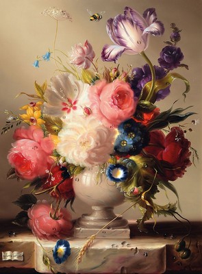 Hildegrad Schwammberger, geb. 1950 Essen, Blumenstillleben, Öl/Lwd, signiert, ca. 41 x 31 cm, Rahmen, rückseitig bez. Anneodore auf Etikett