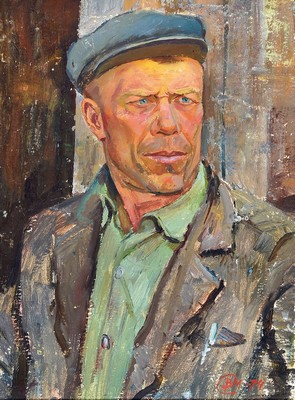 W. Masurow, russischer Maler des 20. Jh., Der Kursker Bauer Moisejew, Öl/Malkarton, rechts unten monogr. und dat. 74, ca. 64x47cm, R. ca. 82x66cm