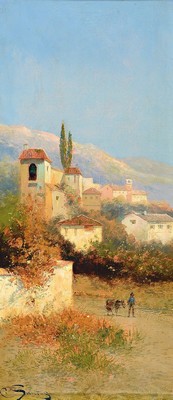 C. Santos, Maler des 19. Jh., Landschaft in Italien mit einem Eselführer, Öl/Lwd, links unten sign., ca. 55x25cm, goldfarbener Prunkstuckrahmen ...