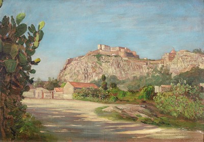 Friedrich Albert Schmidt, 1846 Sundhausen-1916 Weimar, Burg von Mailazzo (Sizilien), rückseitig so betitelt, Öl/Malkarton, rechts unten signiert, ...