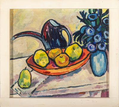 Erich Waske, 1889 Berlin-1978, Stillleben mit Blumen und Obst, Öl/Hartfaser, links unten signiert, ca. 40x44cm, R. ca. 46x50cm