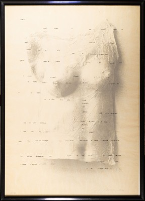 Unbekannter zeitgenössischer Künstler, Torse de femme, Lithographie mit transparenterWort- und Satzfole in französischer Sprache, unleserlich ...