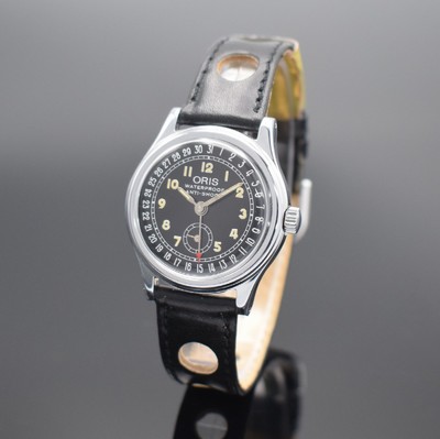 ORIS nahezu neuwertige Armbanduhr, Handaufzug, Schweiz um 1996, Edelstahlboden verschr., schwarzes Kontrastzifferbl., Anz. v. Std., Min., kl. Sek. & ...