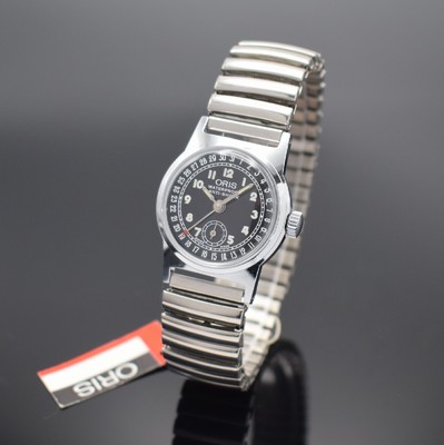 ORIS nahezu neuwertige Armbanduhr, Handaufzug, Schweiz um 1996, Edelstahlboden verschr., Metall-Flexband, schwarzes Kontrastzifferbl., Anz. v. Std., ...