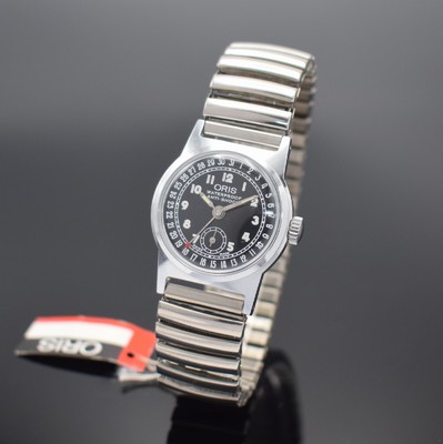 ORIS nahezu neuwertige Armbanduhr, Handaufzug, Schweiz um 1996, Edelstahlboden verschr., Metall-Flexband, schwarzes Kontrastzifferbl., Anz. v. Std., ...