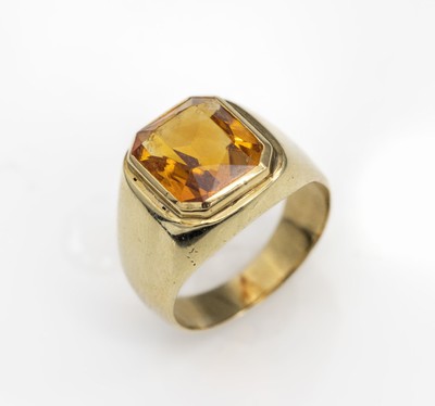 14 kt Gold Citrin-Ring, GG 585/000, mittig oktogonal facett. Citrin, schöne intensive Farbe, RW 57, ca. 10.4 g