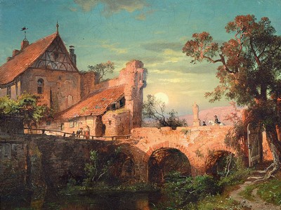 Unbekannter Künstler, 2. Hälfte 19. Jh., idyllische Mondlandschaft mit Brücke und mittelalterlicher Stadt, Reiter zu Pferd und Personen, Öl/Lwd, ...
