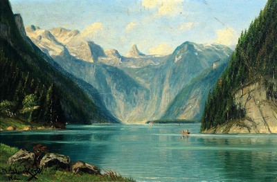 Johannes Glückert, 1868 Mainz-1921, Studium an der Akademie Karlsruhe, wirkte in Düsseldorf und im Taunus, Ansicht des Königssee, links unten ...