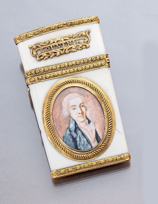 Carnet de Bal, Frankreich 1780-90, MonturenGG 750/000 gepr., Korpus Bein, klassizistischeGestaltung, florale Zierbänder, fein punziert,Fehlstelle, ...