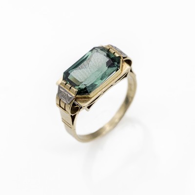 14 kt Gold Turmalin-Ring, GG 585/000, um 1930-40, Turmalin im Treppenschliff, schlichteGestaltung, RW 52, ca. 3.7 g