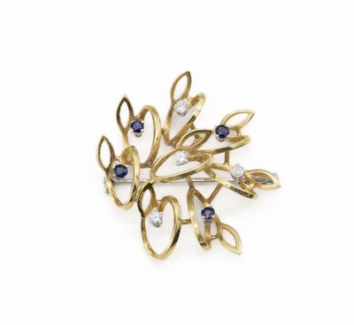 18 kt Gold Brillant-Saphir-Brosche, GG 750/000, abstrakt florale Gestaltung, 4 kl. rundfacett. Saphire, 4 Brillanten zus. ca. 0.20 ct Weiß/p, ca. 4 ...
