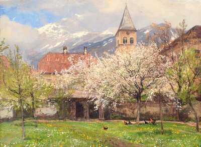 Georg Macco, 1863 Aachen-1933 Genua, Hühner unter blühenden Bäumen vor einem Dorf, Pastell auf Papier, links oben kleine Farbfehlstellen, rechts ...