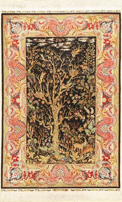 Hereke Seide fein, Türkei, signiert(Özipek), um 1960, reine Naturseide, ca. 120 x 83 cm, ca. 1,0 Mio. Kn/qm, EHZ: 1-2(verschmutzt)