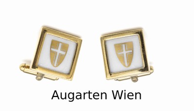 Paar Manschettenknöpfe mit Porzellanmalerei, 925er Silber verg., Manufaktur Augarten Wien, Darstellung des Wiener Wappens in Gold auf weißem ...