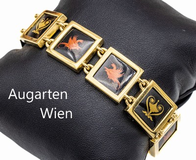 Armband mit Porzellanmalerei, 925er Silber verg., Manufaktur Augarten Wien, 8 einzelne schlichte Glieder, Darstellungen von roten Drachen und ...