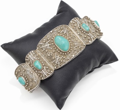 Türkis-Armreif, Silber, China 1950/60er Jahre, 7 unterschiedlich große Einzelglieder, Filigranarbeit, aufgelegte Türkiscabochons in versch. ...