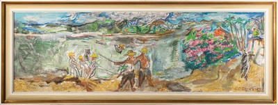 Rudolf Kortokraks, 1928 Ludwigshafen am Rhein - 2014 Hallein, Studium an der Freien Kunstakademie Mannheim, Angler in voralpiner Landschaft, ...