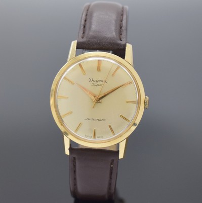 DUGENA Herrengolduhr Modell Super in GG 585/000, Schweiz um 1960, Automatik, Geh. teils angel., Boden & Glasrand aufgedr., vers. Zifferbl. altersbed. ...