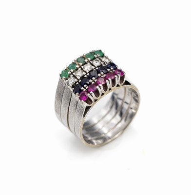 14 kt Gold Farbstein-Brillant-Ringquartett, WG 585/000, 1 x 5 rundfacett. Saphire zus. ca.0.25 ct, 1 x 5 rundfacett. Rubine zus. ca. 0.25 ct, 1 x 5 ...