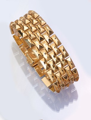 14 kt Gold Armband, GG 585/000, 5-rhg., Backsteinoptik, L. ca. 20 cm, ca. 48.3 g