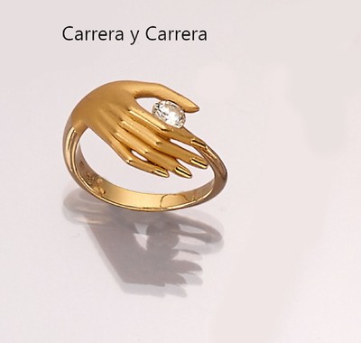 18 kt Gold CARRERA Y CARRERA Brillant-Ring, GG 750/000, teilw. sat., Ringkopf in der Form einer Hand, 1 Brillant ca. 0.30 ct feines Weiß/si, RW 53, ...
