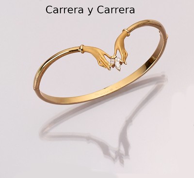 18 kt Gold CARRERA Y CARRERA Diamant-Armreif, GG 750/000, Kopf in Form zweier Hände, 3 Diamantnavettes zus. ca. 0.20 ct feines Weiß- Weiß/vs-si, ...
