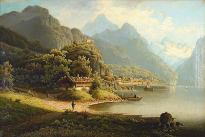 Sander, Pseudonym des Johann Jungblut, 1860- 1912, 2 Pendants mit Landschaften an oberbayerischen Seen, mit Gebäuden und Personen, Öl/Lwd, eines ...