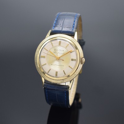 BULOVA Self Winding Armbanduhr in GG 585/000, USA um 1960, Automatik, gedr. Geh. m. Riffel-Lünette, Boden m. Widmungsgrav., 1 Anstoß rep., ...