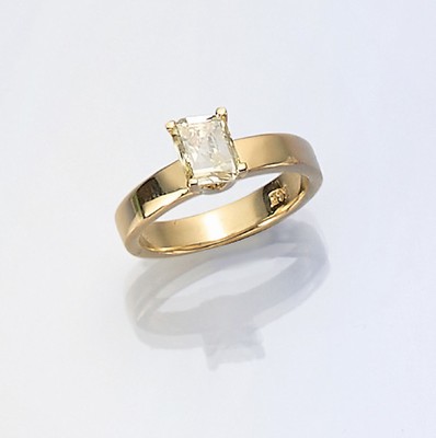 14 kt Gold Diamant-Ring, GG 585/000, Diamant im Emerald-Cut ca. 0.90 ct Fancy Yellow/vs, ca. 4.9 g, RW 51