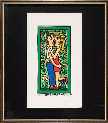 James Rizzi, 1950 - 2011, "That First Kiss",3-D-Konstruktion, handsigniert, dat. 95, num., 29/35, min. am Rand besch., ca. 31.5 x 18.5 cm, ...