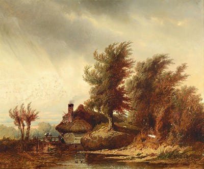 Eugene Gabé, datiert 1845, französischer Künstler des 19. Jh., Herbstliche Landschaft mit Bauernhaus und heimkehrendem Bauernpaar, Öl/Lwd, rechts ...