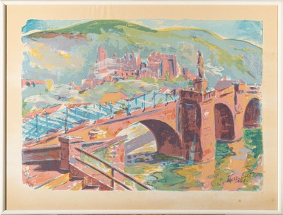 Ludwig Fellner, 1917 Weißenburg - 2006 Neustadt, 2 Lithographien, Ansicht Heidelbergs mit Blick über die Alte Brücke aufdas Schloß und südliche ...
