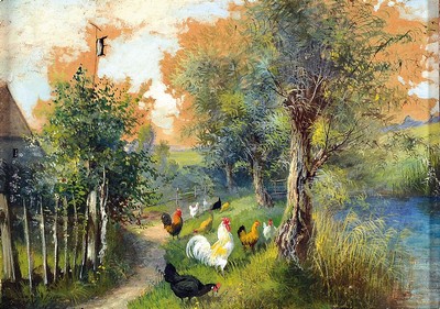 Julius Scheurer, 1859 - 1913, Federvieh vor Bauernhaus am Bach, Öl, li. unten signiert, ca. 14 x 18 cm, unter Glas, Rahmen ca. 30 x 35 cm