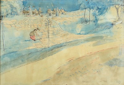 Albert Haueisen, 1872 Stuttgart - 1954 Kandel, Wäscherinnen am Rhein, aquarellierte Tuschfederzeichnung, re. unten signiert, betitelt, ca. 33 x 47 ...